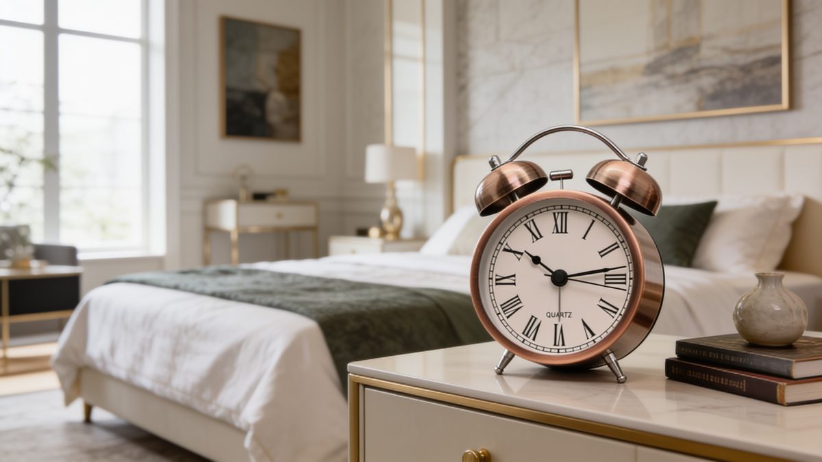 Twin bell alarm clock with a Roman numeral dial on a bedside table
