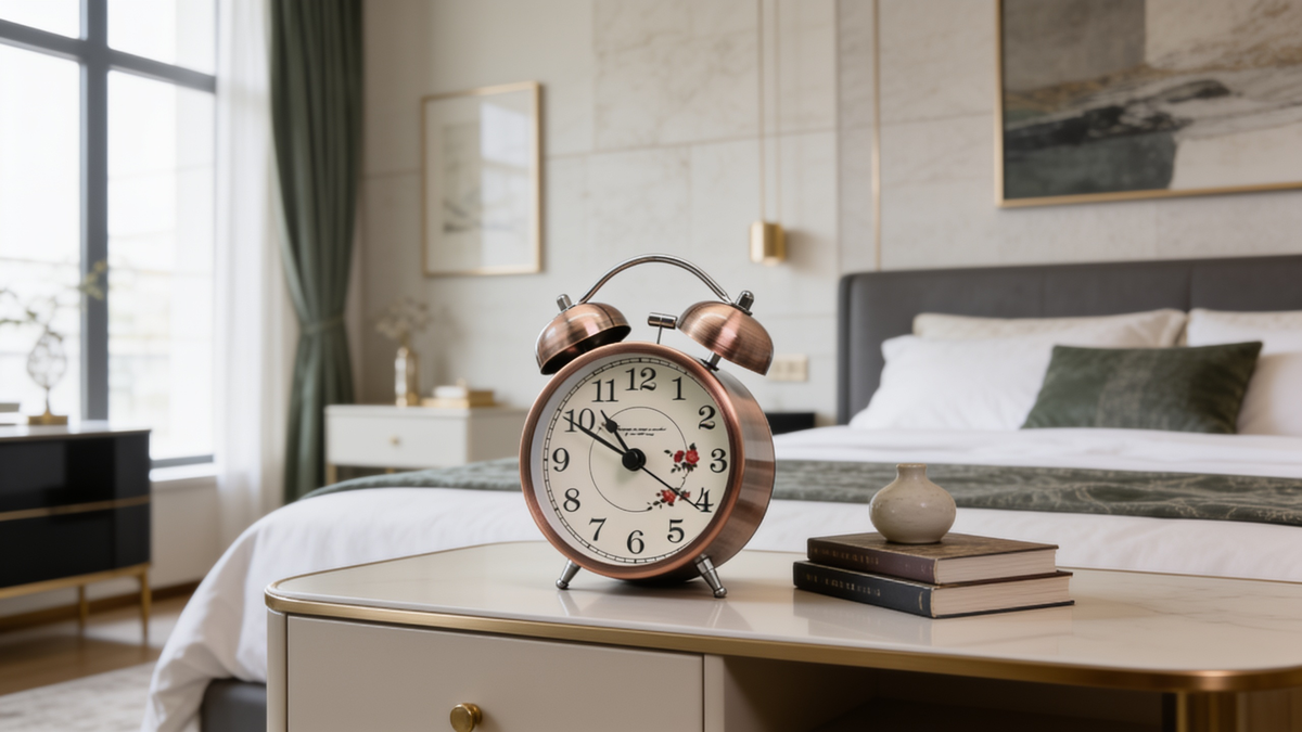 Alarm clock with an Arabic numeral dial beside a bed