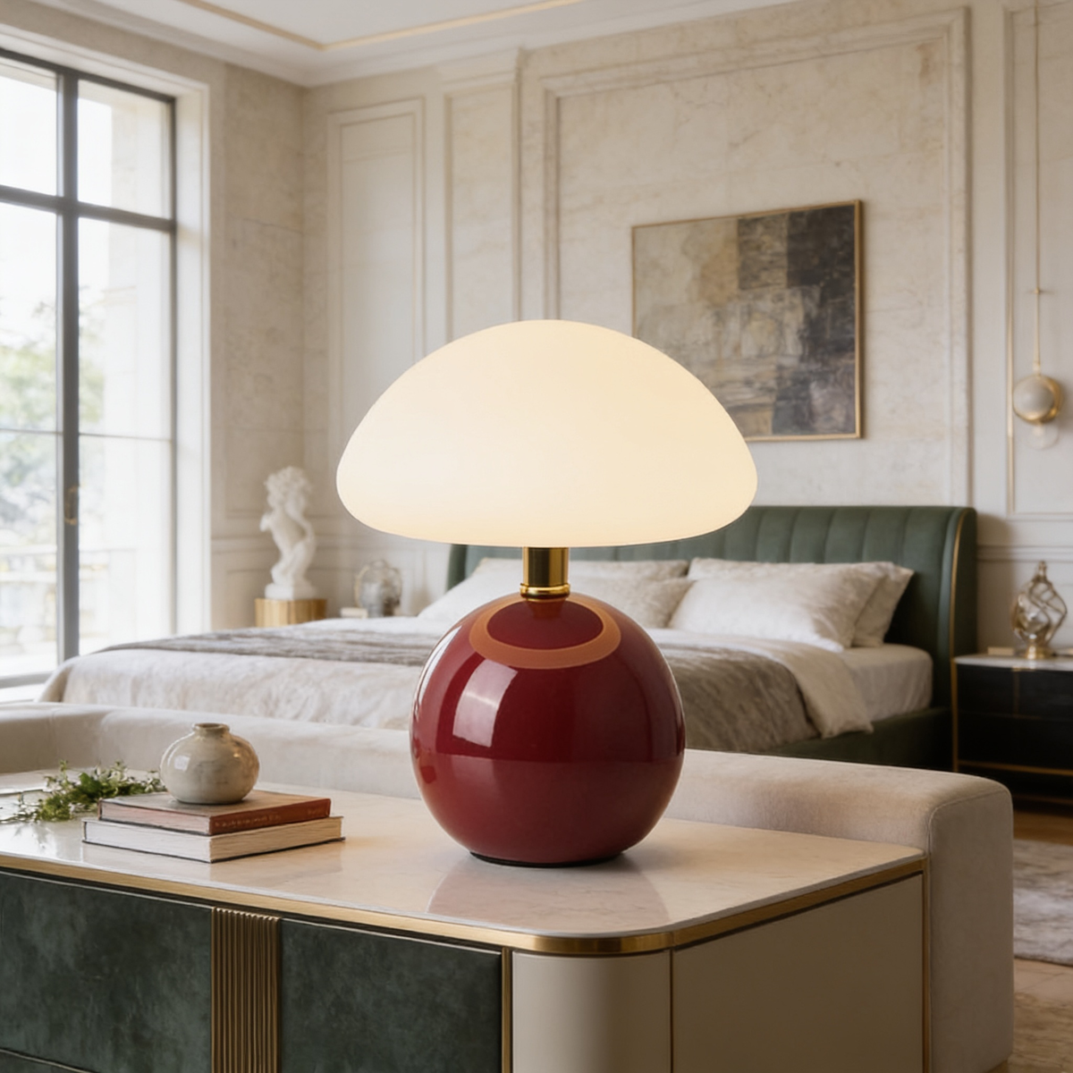 Deep red mushroom lamp lit on a dark wood nightstand