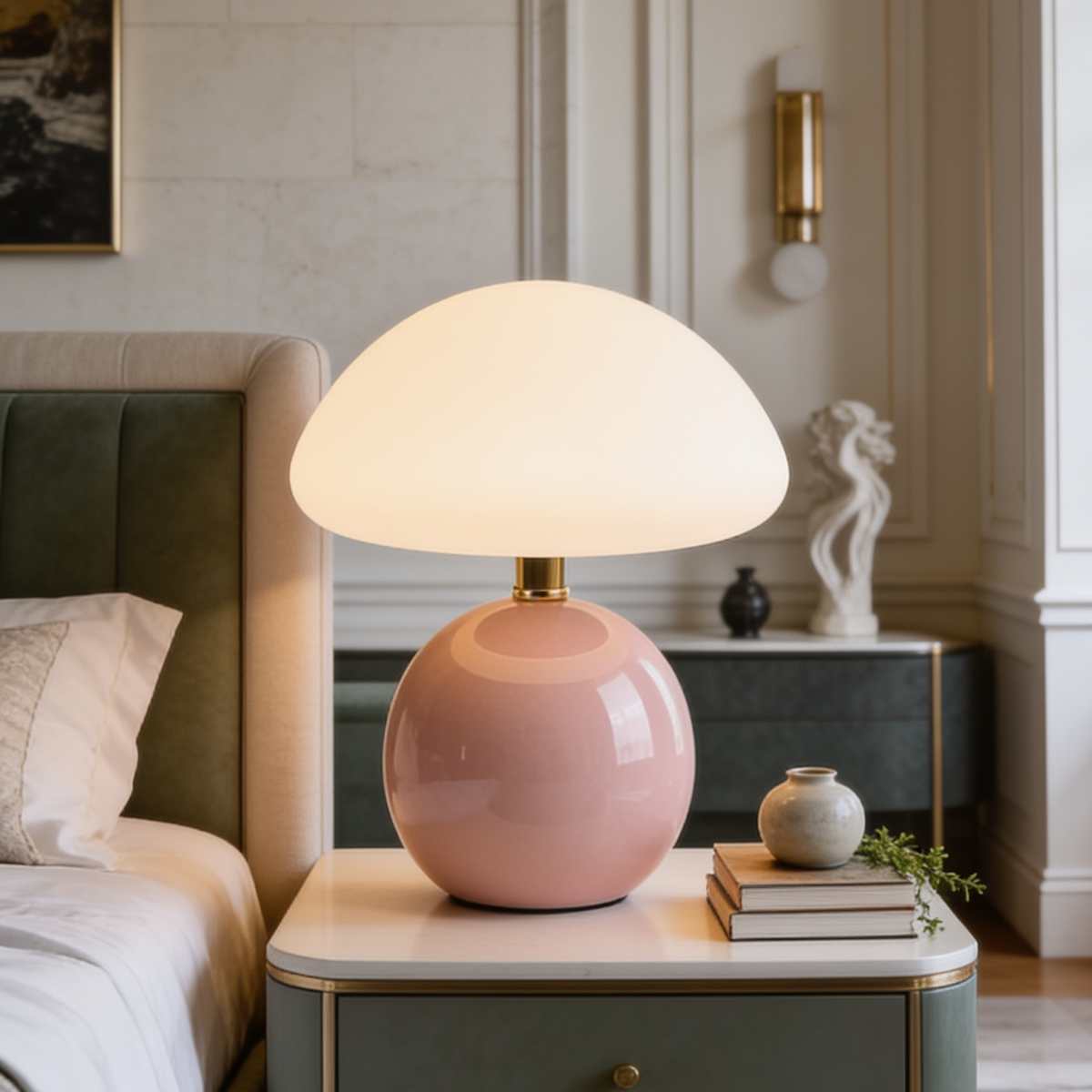 Pink base mushroom lamp lit beside a stack of books on a bedside table