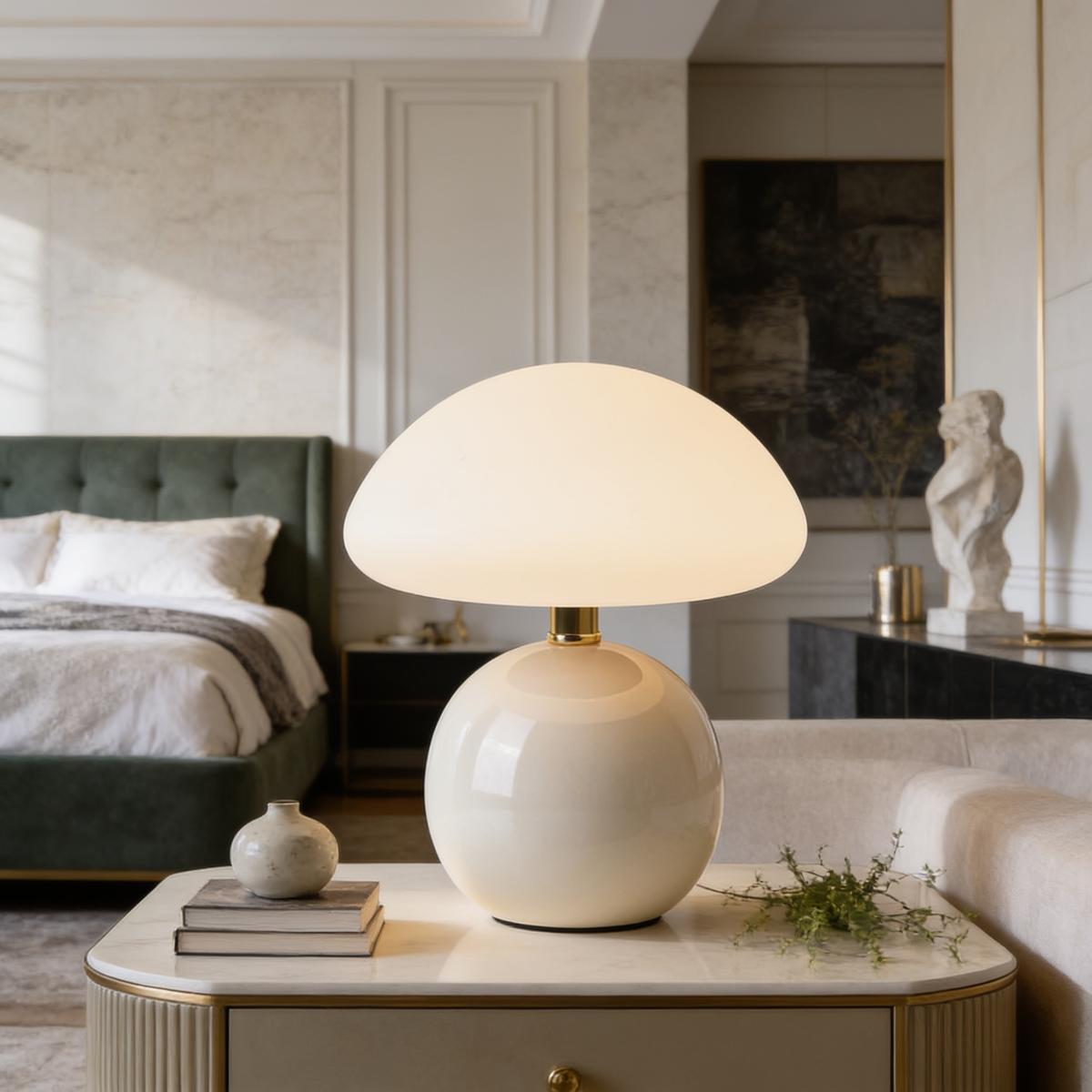 Cream mushroom lamp casting warm light on a nightstand in a green bedroom