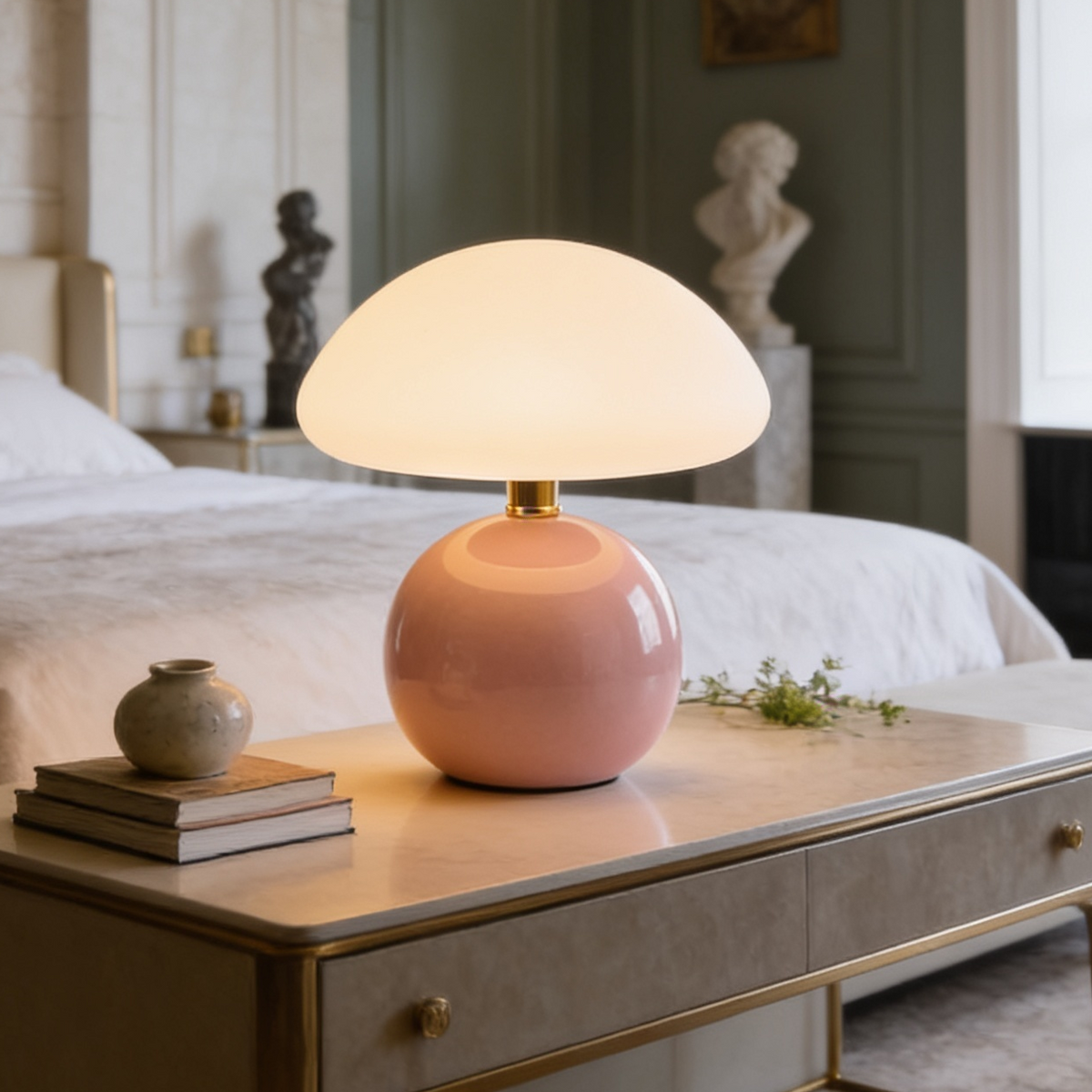 Terracotta ceramic mushroom lamp glowing on a nightstand next to a bed