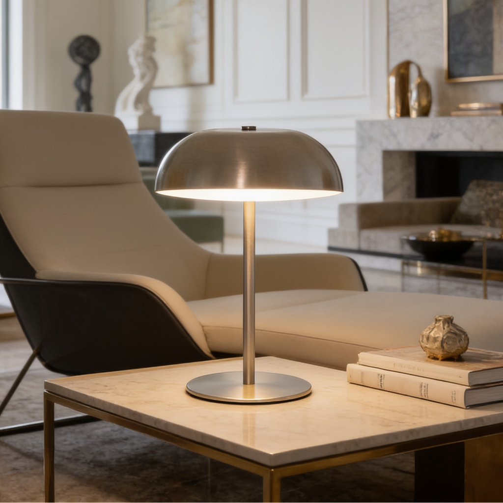 Cordless dome table lamp glowing on a wood side table beside an armchair