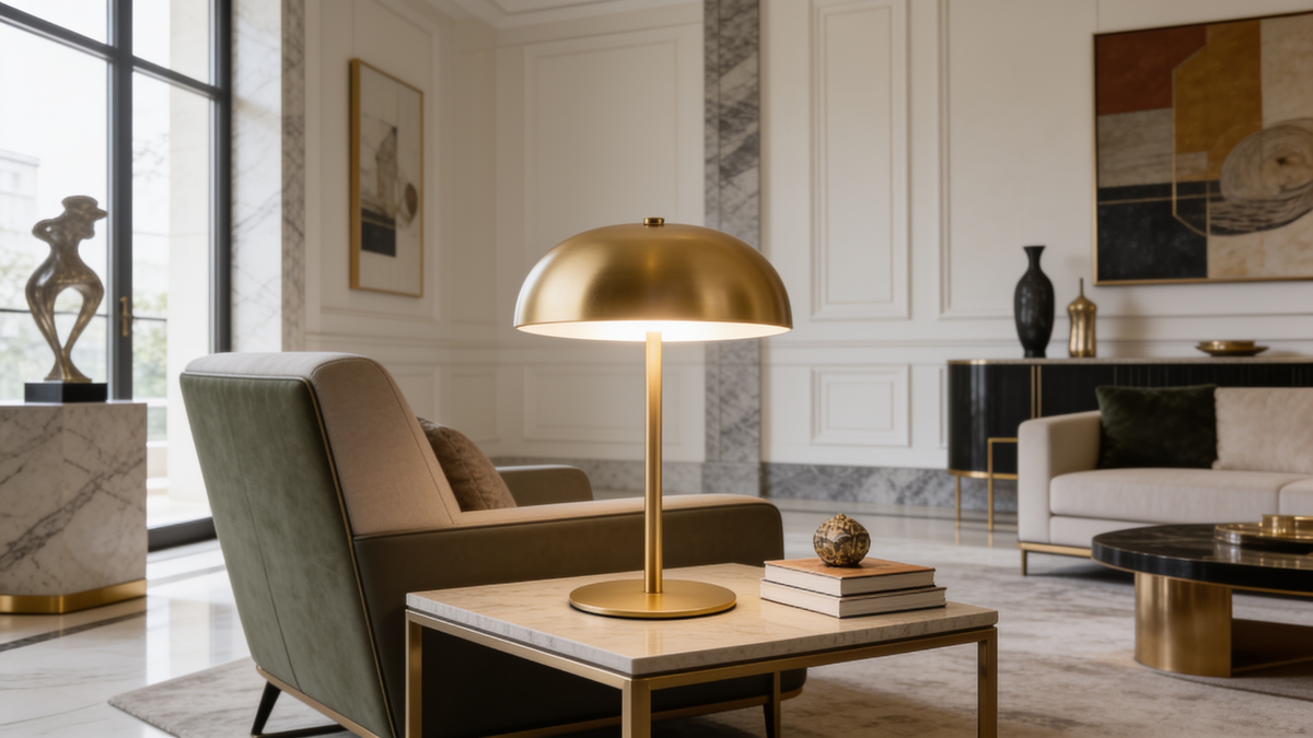 Cordless dome shade table lamp lit on a side table