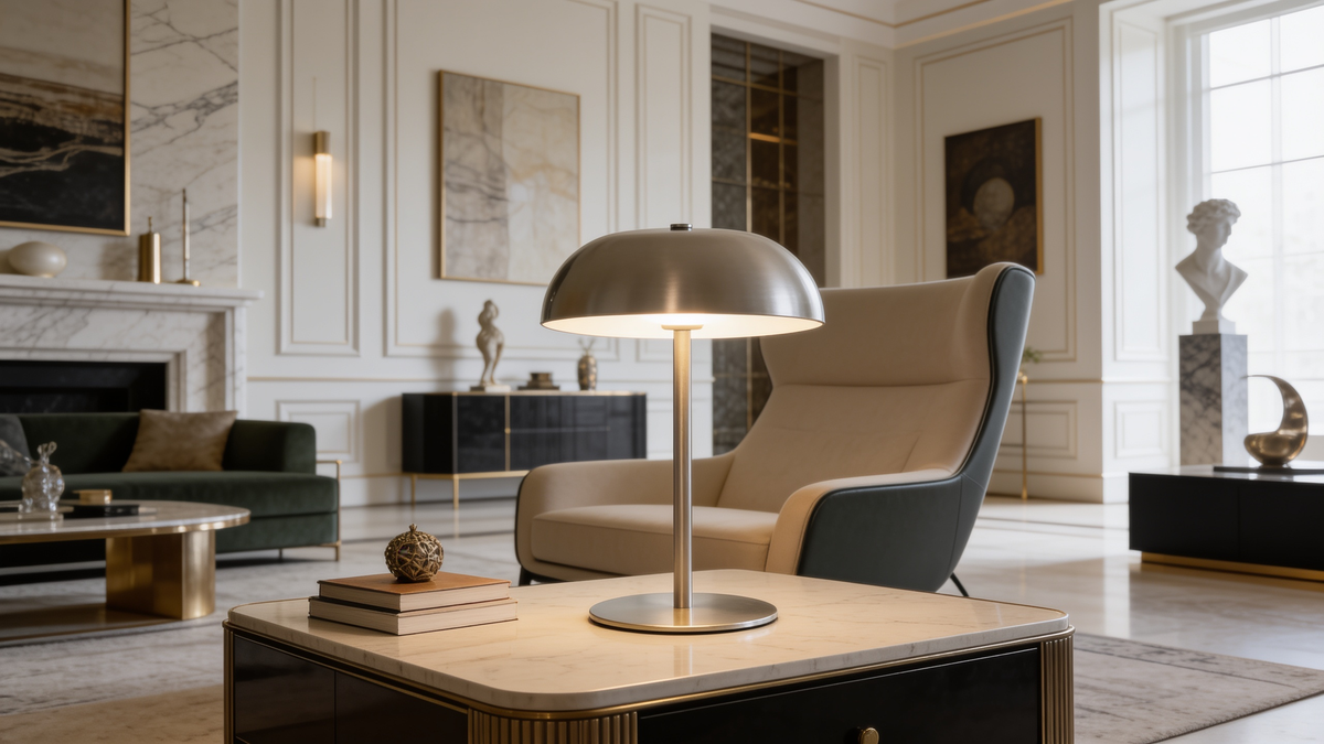Table lamp in a silver finish on a low table