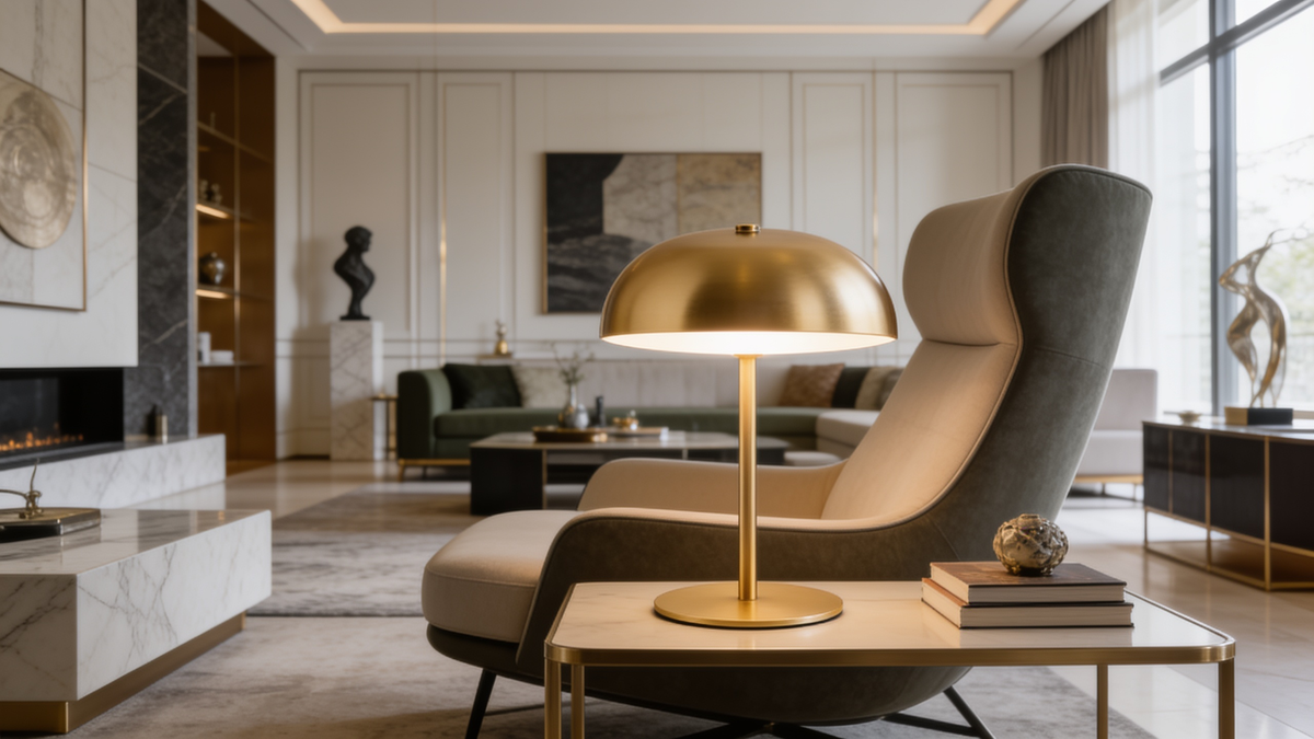 Portable lamp lit beside a lounge chair with no cable