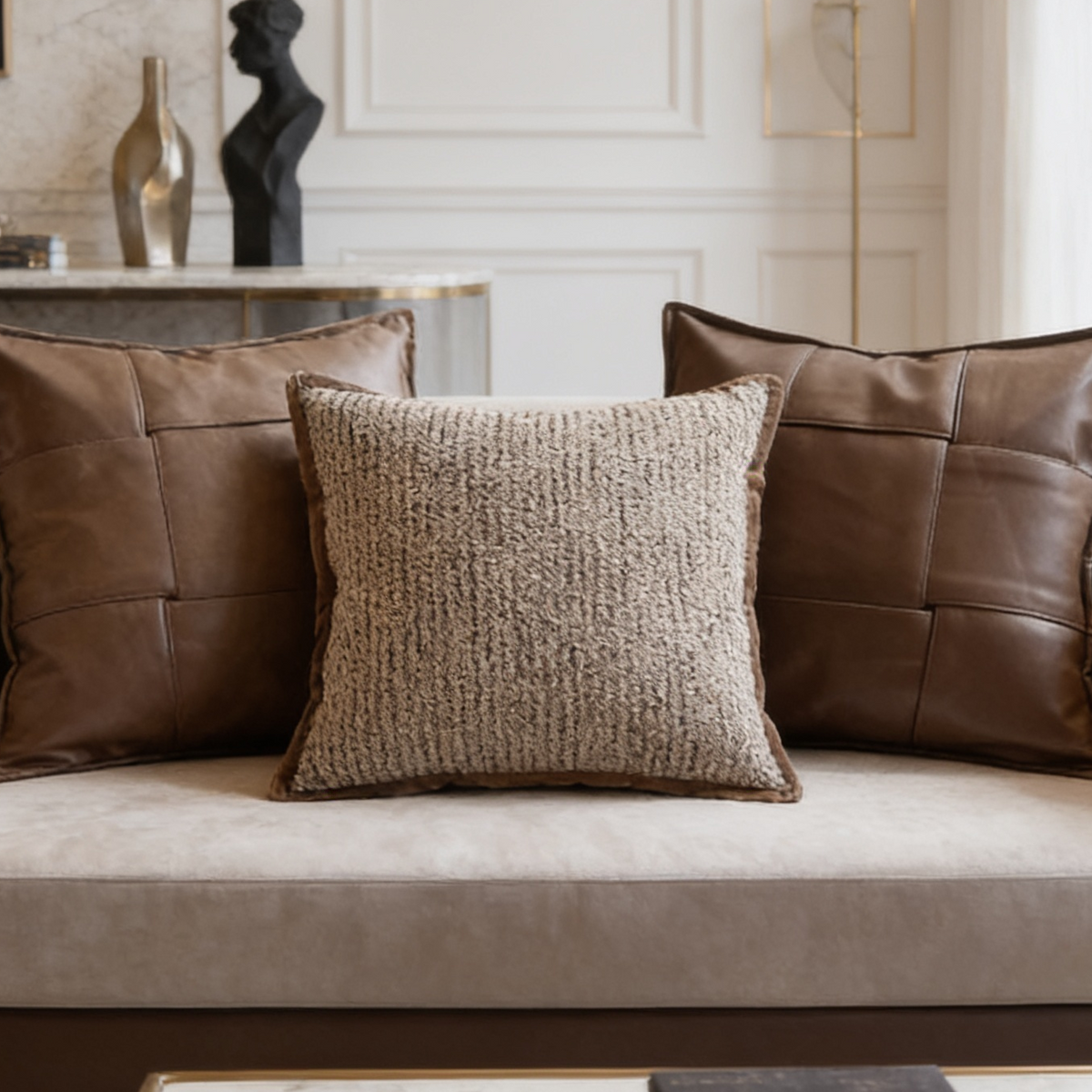 Cream boucle pillow flanked by two quilted brown leather pillows on a couch