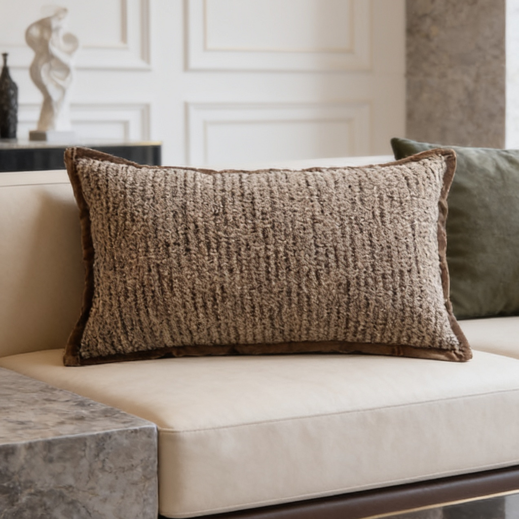 Taupe ribbed lumbar pillow next to an olive cushion on a light sofa