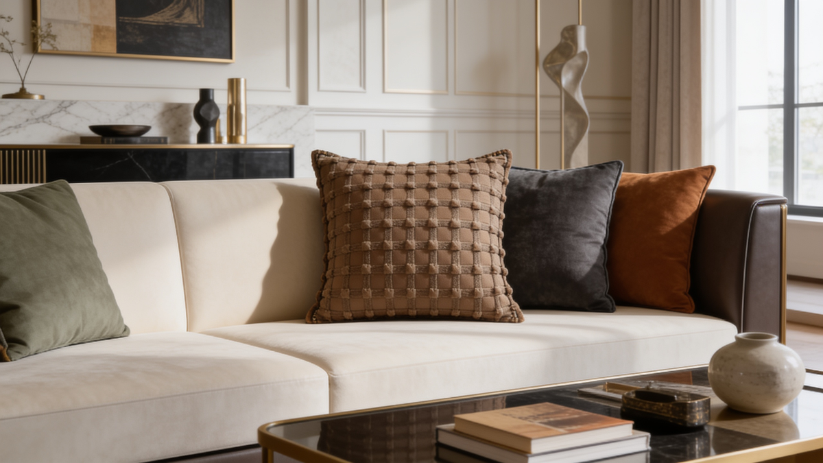 Brown quilted check cushion cover on a cream sofa