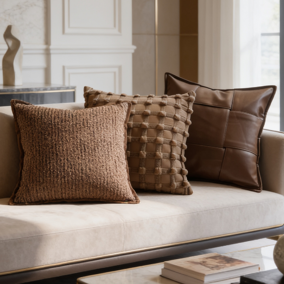 Tan, pleated brown and quilted chocolate pillows lined along a cream sofa