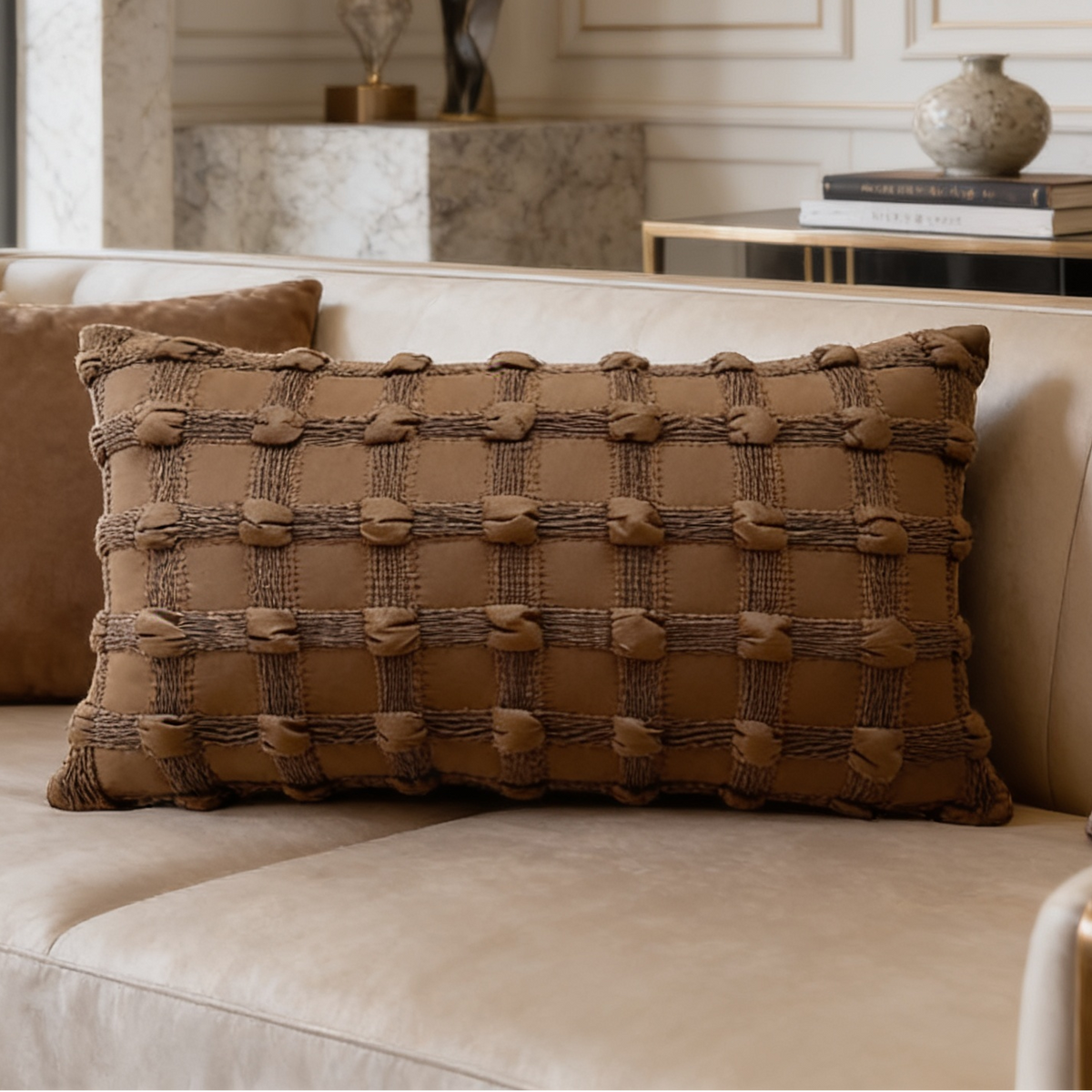 Chocolate lumbar pillow with a knotted grid texture on a beige sofa