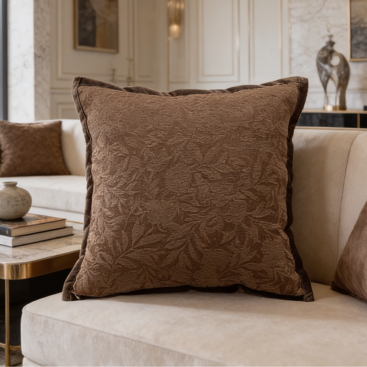 Brown cushion with a tonal foliage weave and flat border on a light sofa