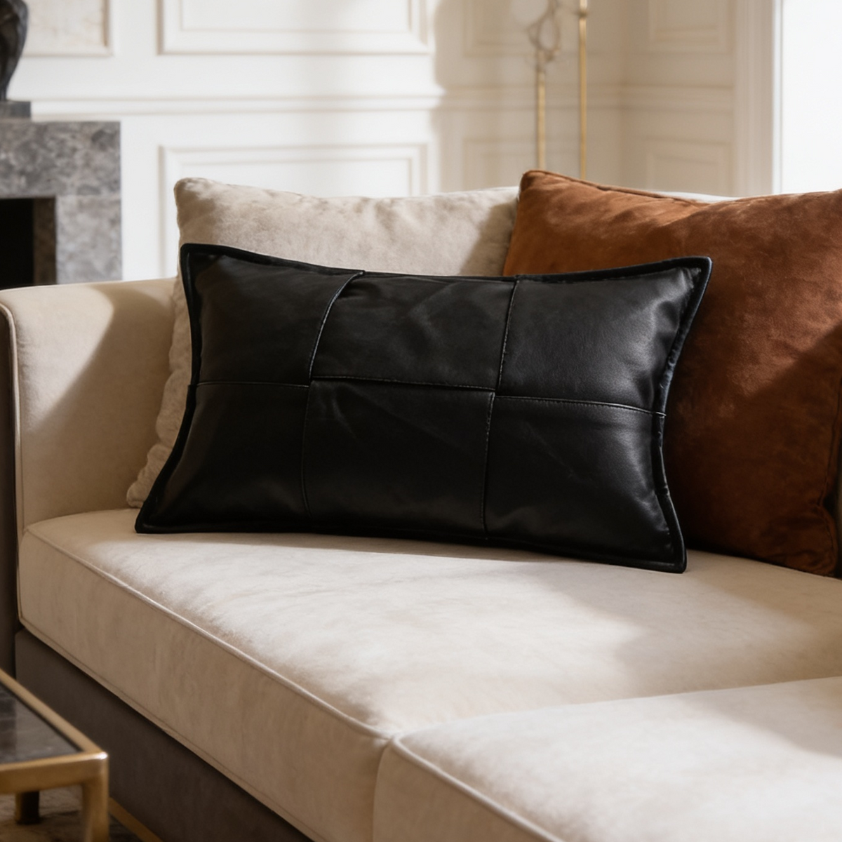 Black faux leather lumbar cushion between rust and olive cushions on a cream sofa