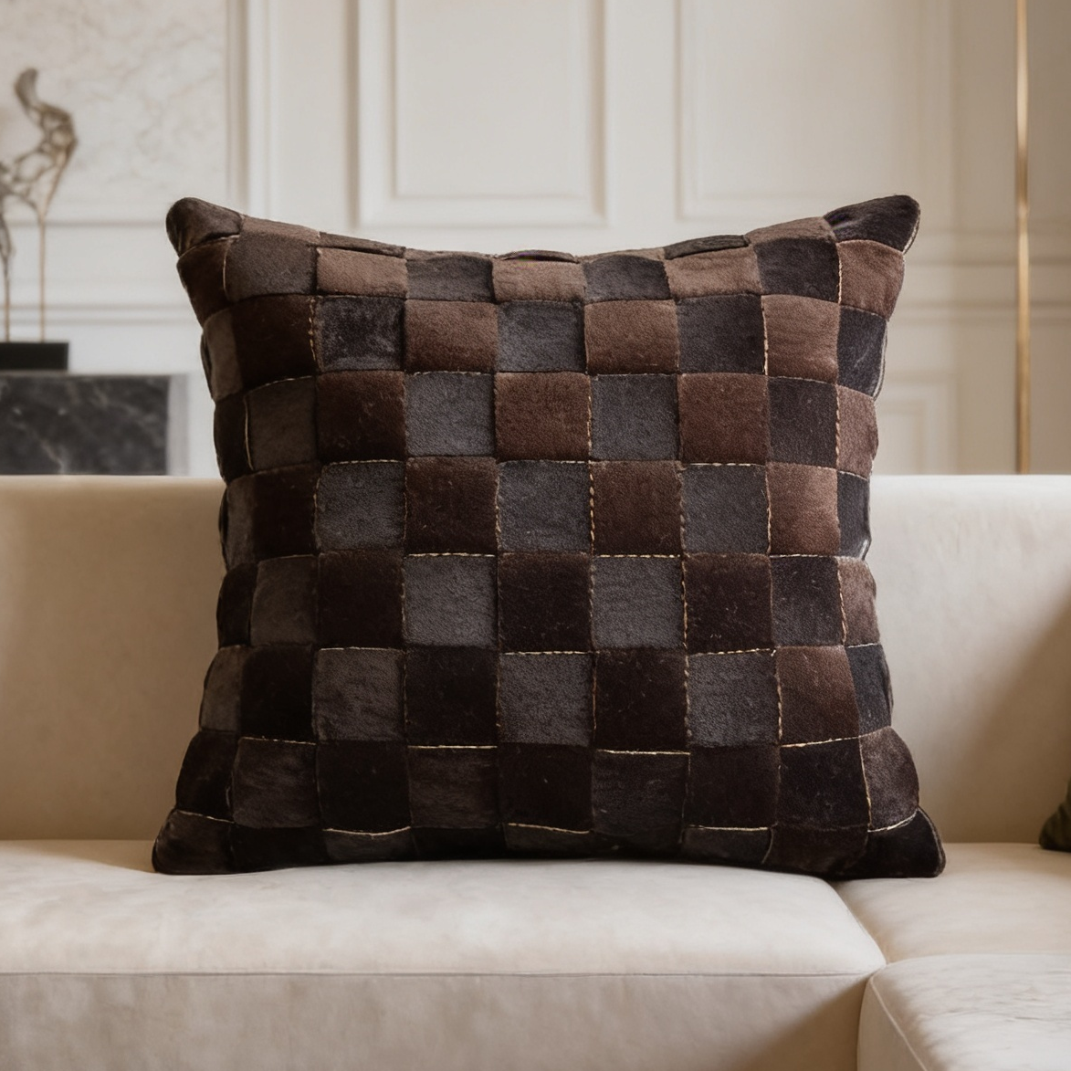Dark brown woven checkerboard cushion beside an olive cushion on a cream sofa