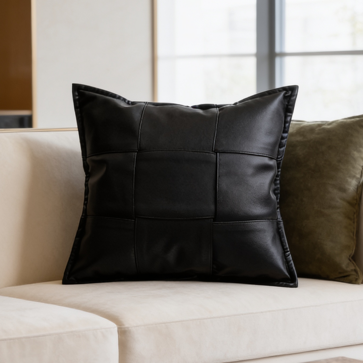 Black square leather look cushion on a pale sofa beside an olive cushion near a window