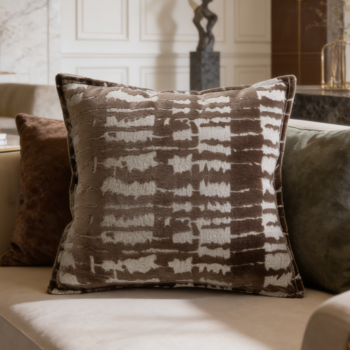 Brown and cream mottled pillow beside an olive velvet cushion on a sofa