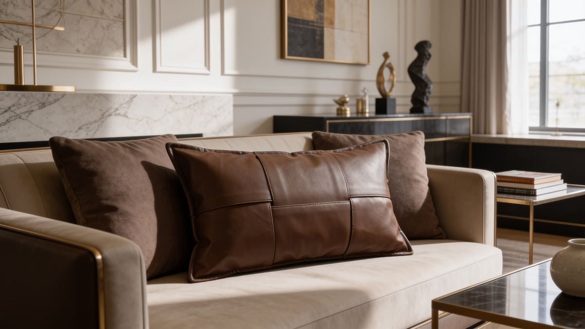 Brown panelled leather look lumbar cushion cover on a sofa