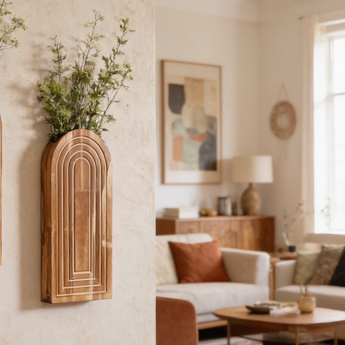 Wooden arch wall vase mounted above a sofa in a warm living room