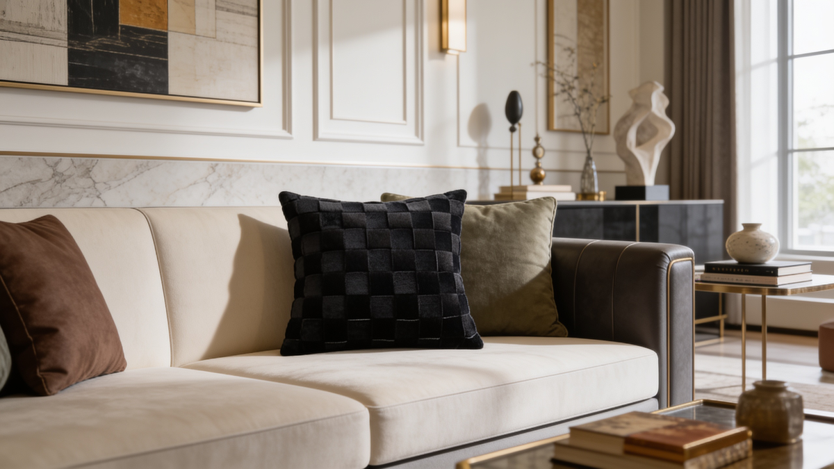 Black quilted check cushion cover on a cream sofa