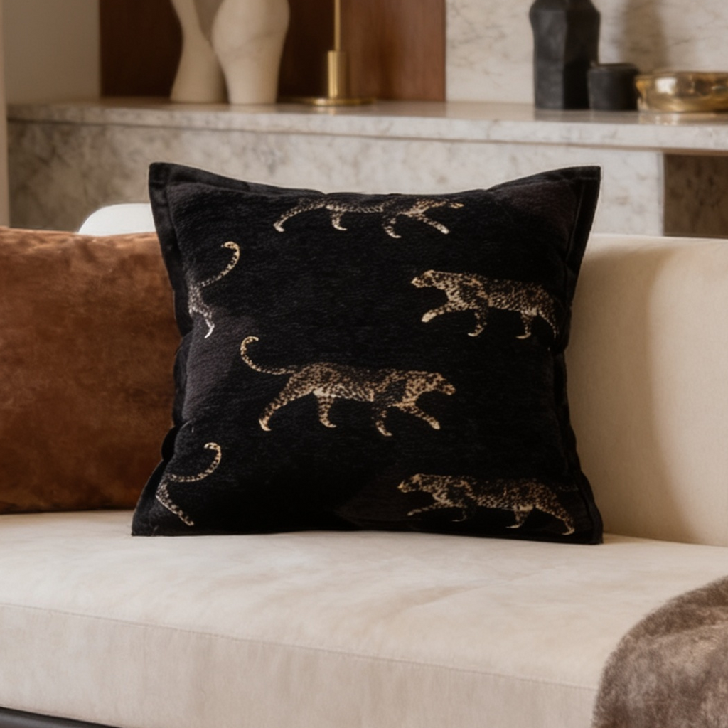 Black cushion scattered with small gold leopards next to a rust cushion