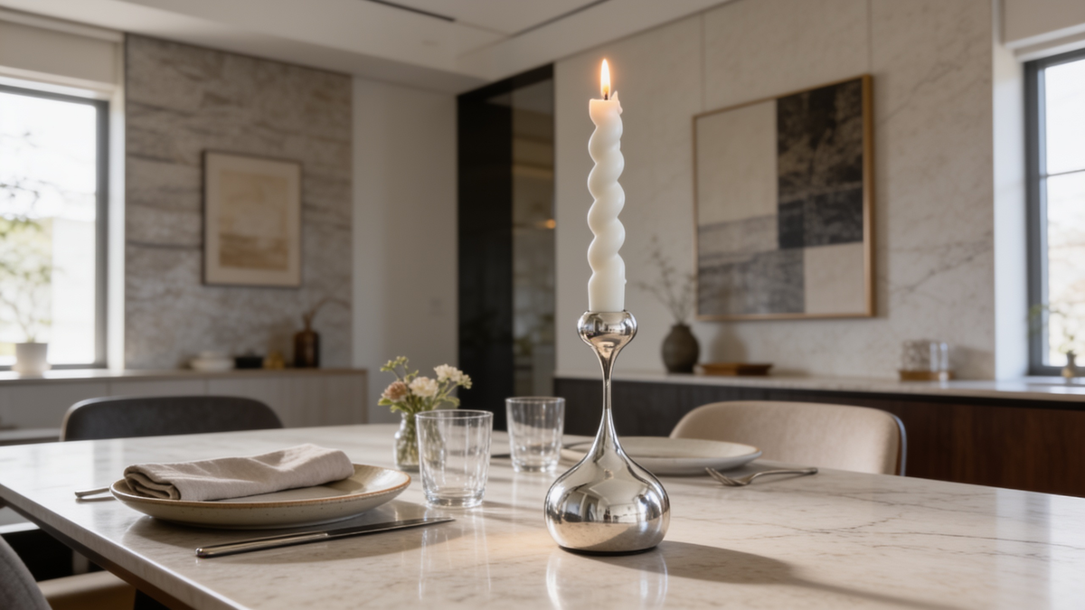 Silver candle holder with a weighted teardrop base on a dining table