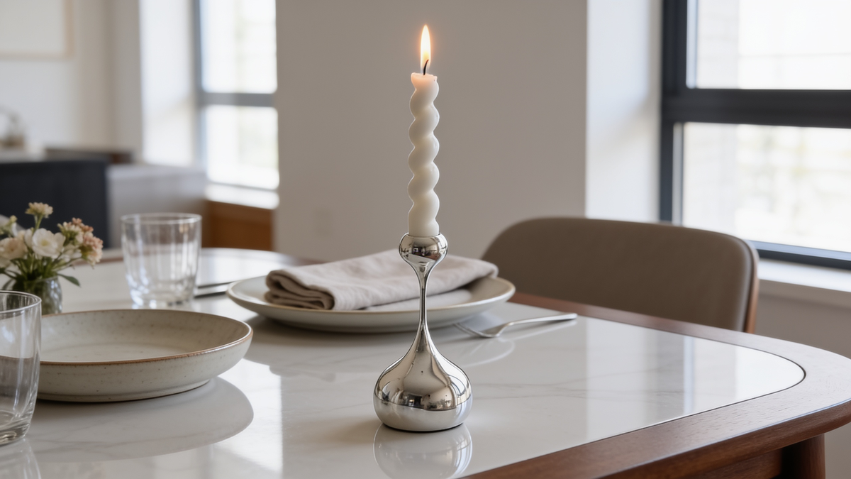 Candle holder lit on a laid dining table
