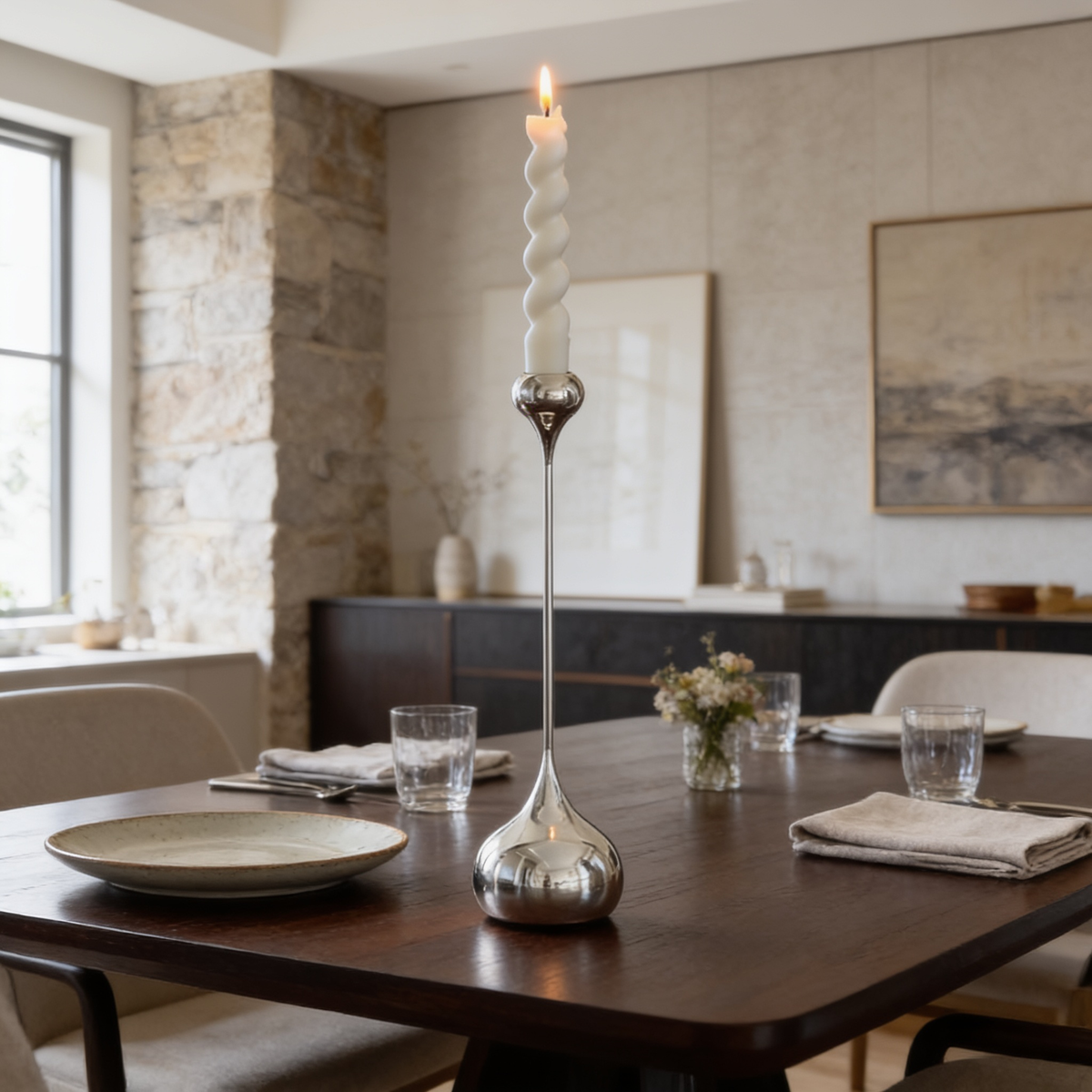 Two mirror finish candlesticks with lit tapers on a dark dining table