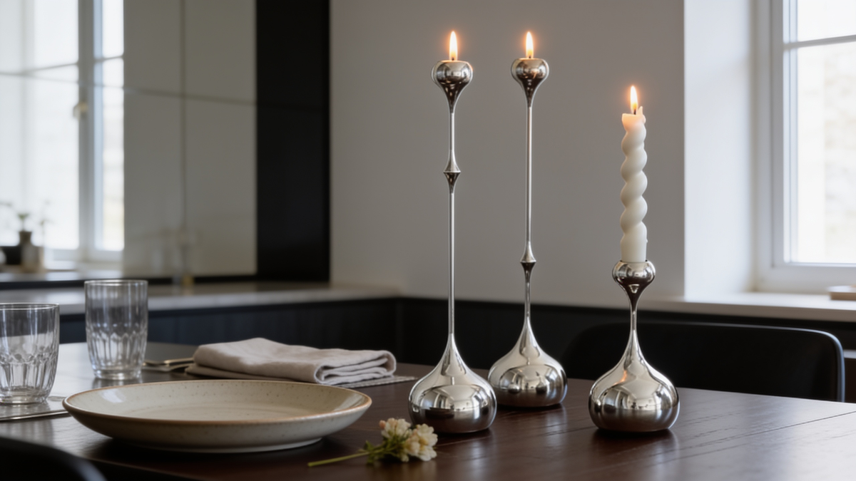 Three silver candle holders of different heights grouped together