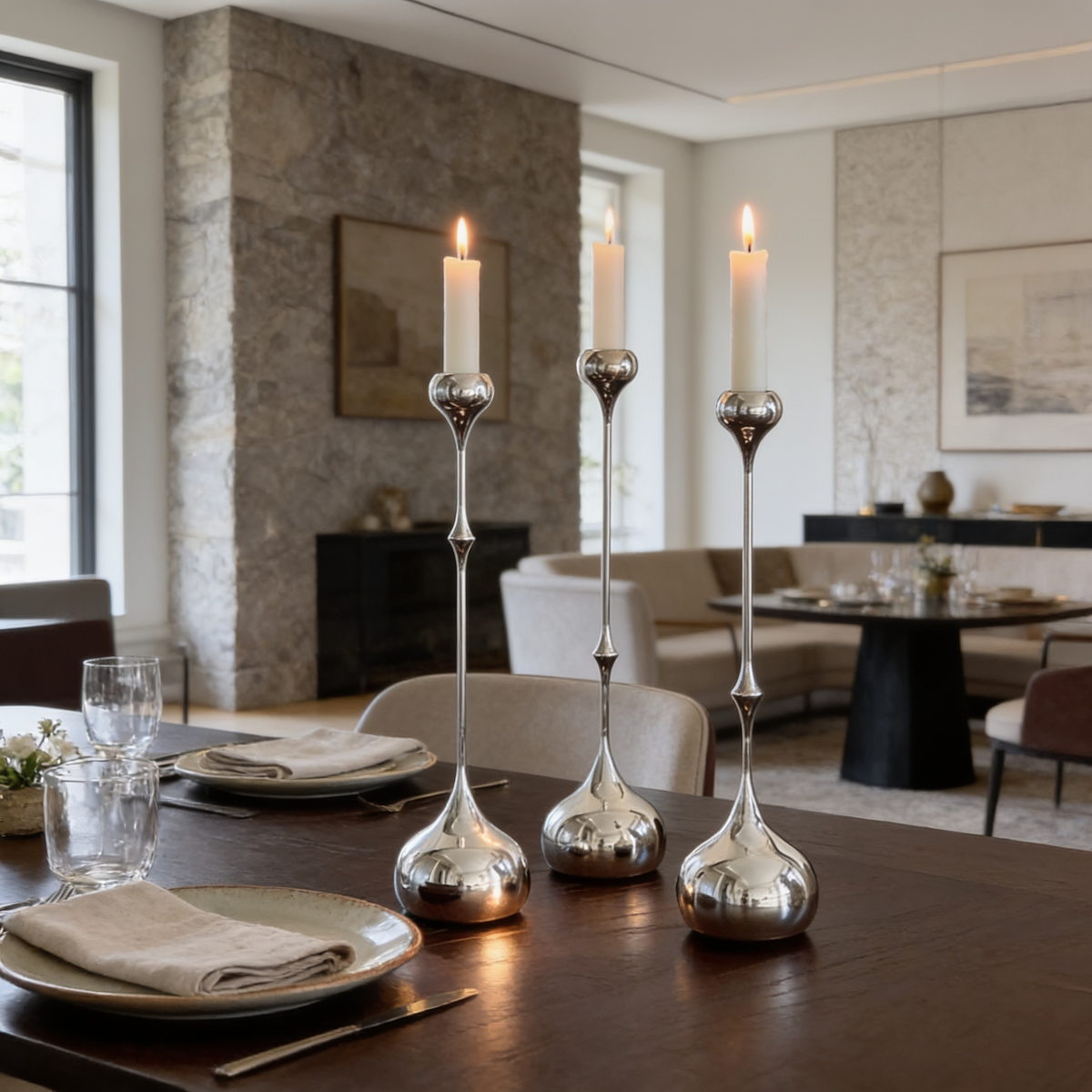 Three silver candlesticks of different heights lit along a dark table