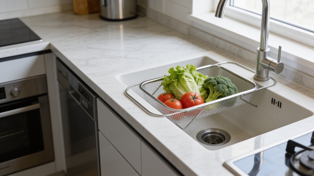 Fine mesh stainless drain basket draining produce over a sink