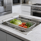 Mesh produce strainer over a sink on a dark countertop viewed from a high angle