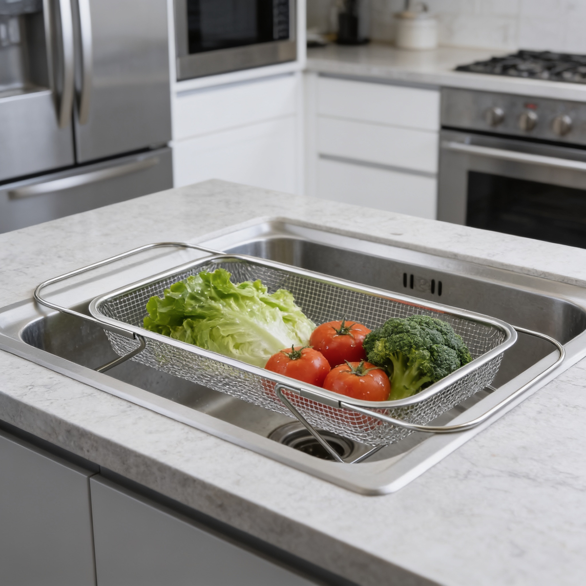 Mesh produce strainer over a sink on a dark countertop viewed from a high angle