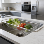 Stainless steel mesh drain basket resting across a kitchen sink holding lettuce and tomatoes