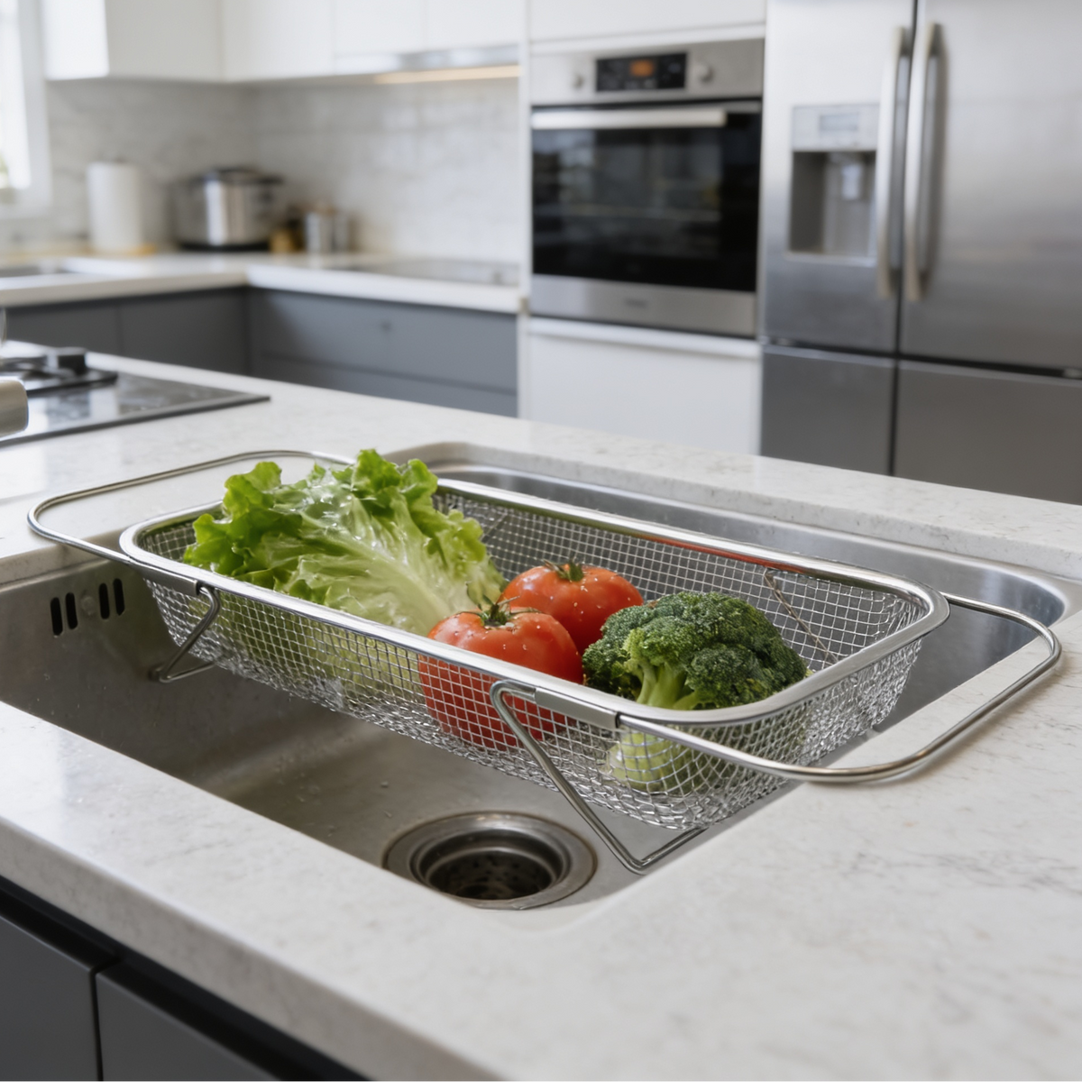 Stainless steel mesh drain basket resting across a kitchen sink holding lettuce and tomatoes
