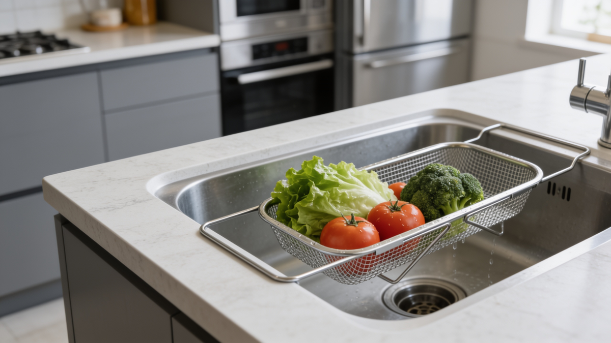 Extending drain basket resting across a kitchen sink holding washed vegetables