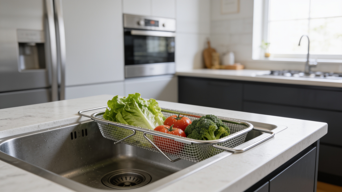 Drain basket with its side arms extended onto the sink rim