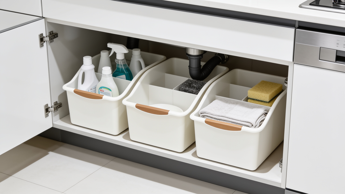 Storage bins arranged around the waste pipe in an under sink cabinet
