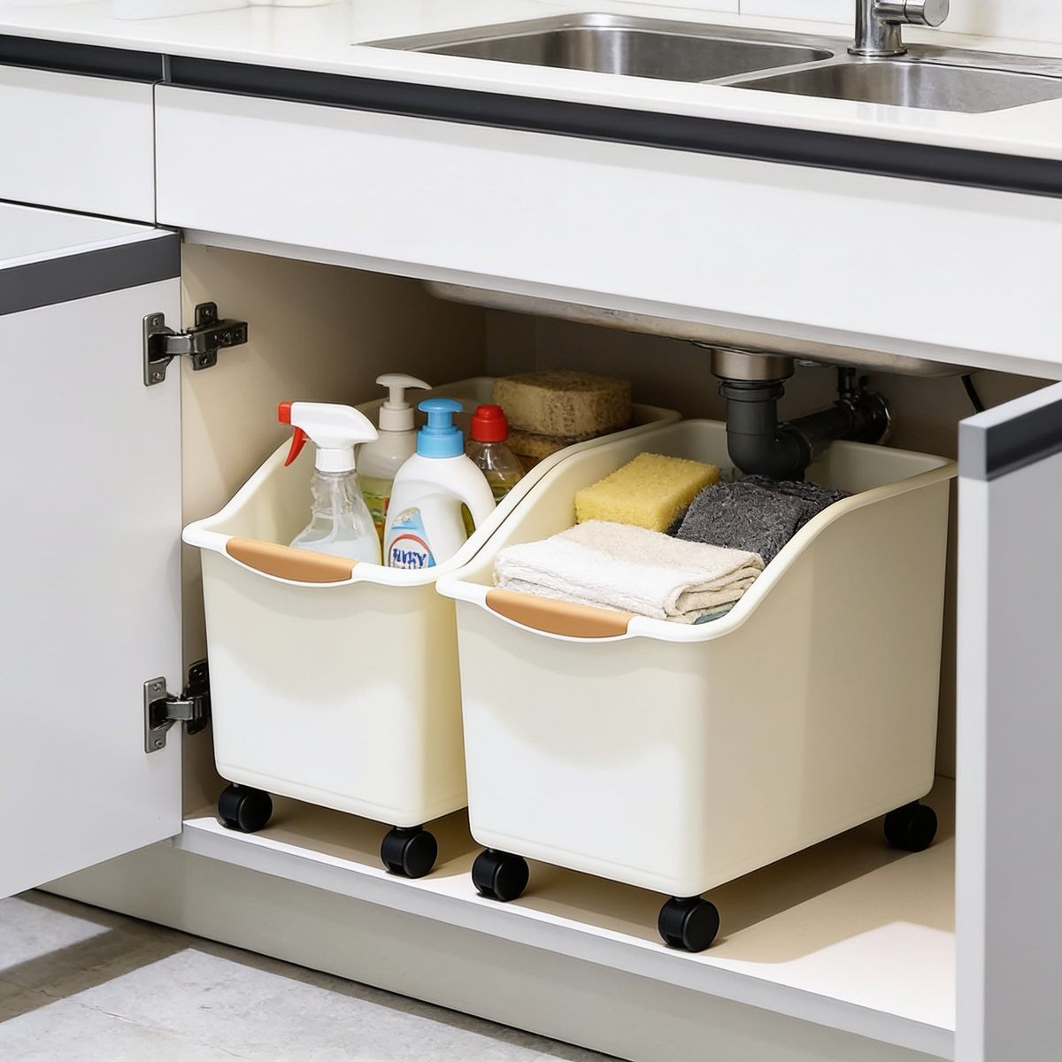 Beige bins on black casters standing on a cabinet floor below a double sink