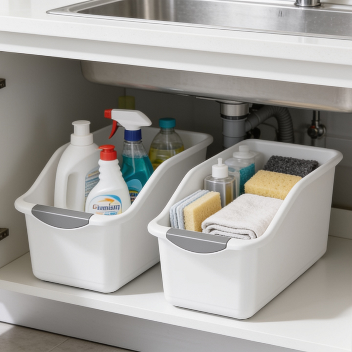 Close view of two white pull out bins loaded with sprays a sponge and a towel