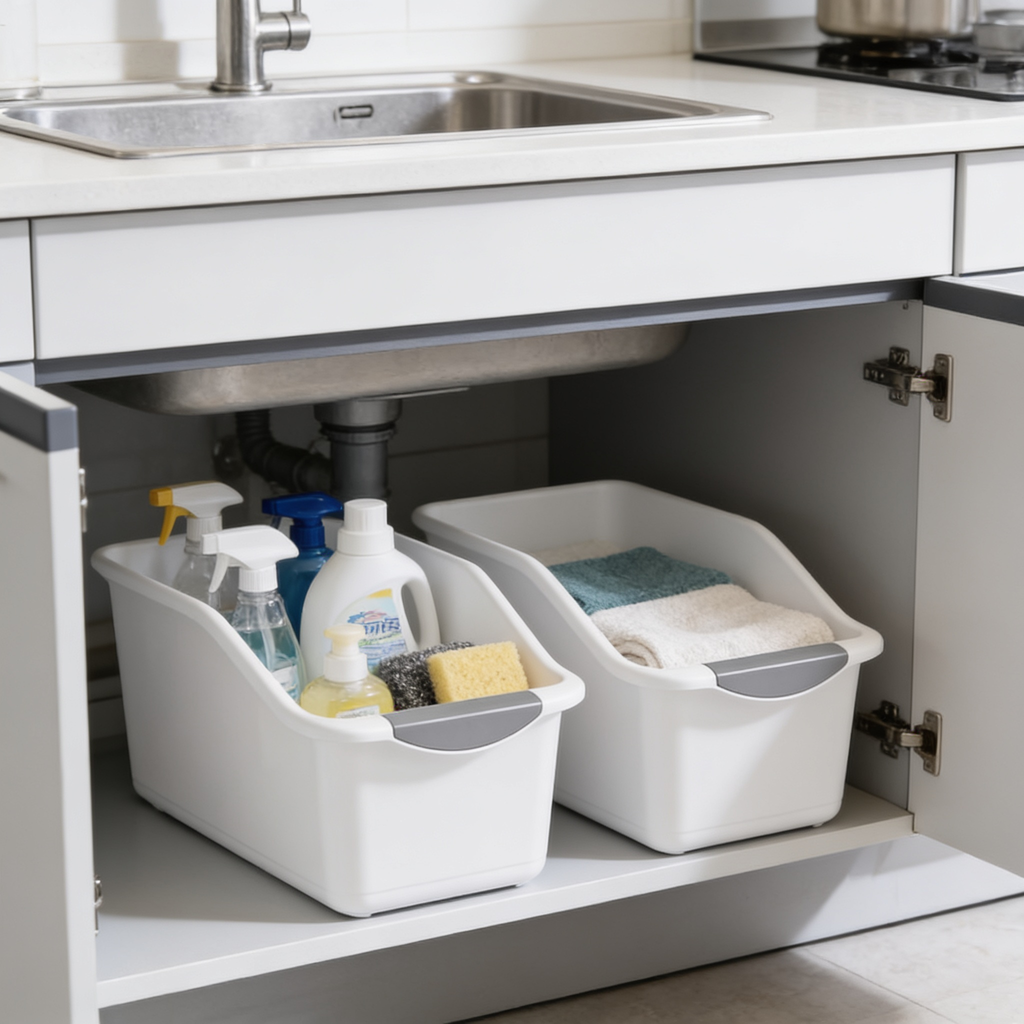 Under sink cabinet with two white bins arranged either side of the drain pipe