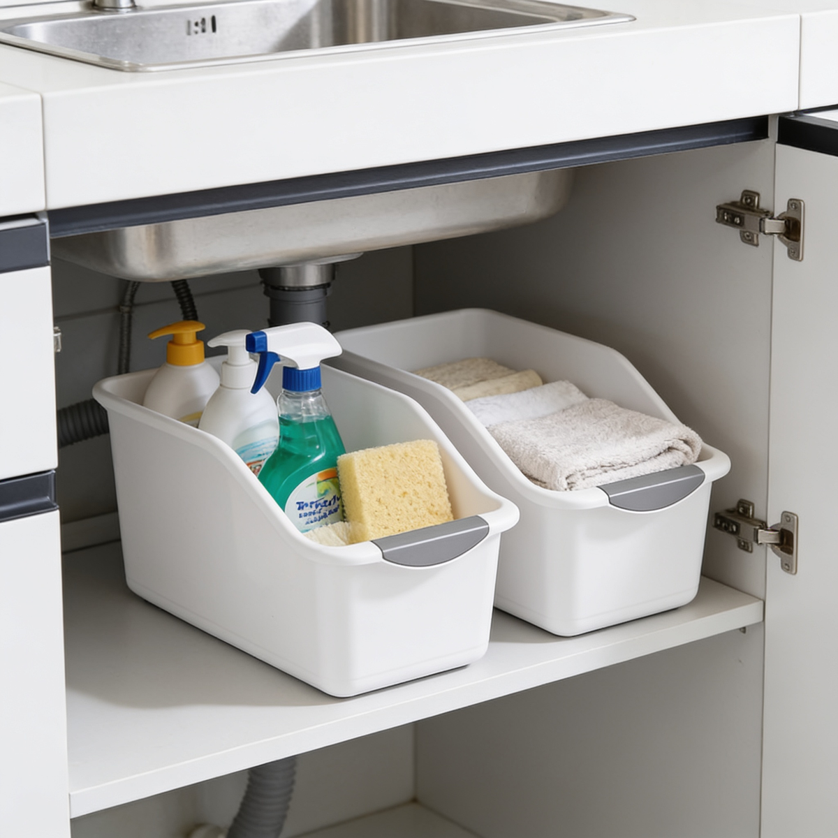 White cabinet bins packed with spray bottles sponges and folded cloths seen straight on