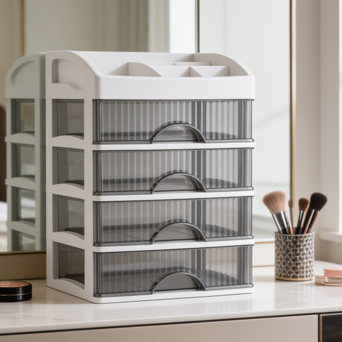 Clear five drawer makeup organizer standing empty on a vanity