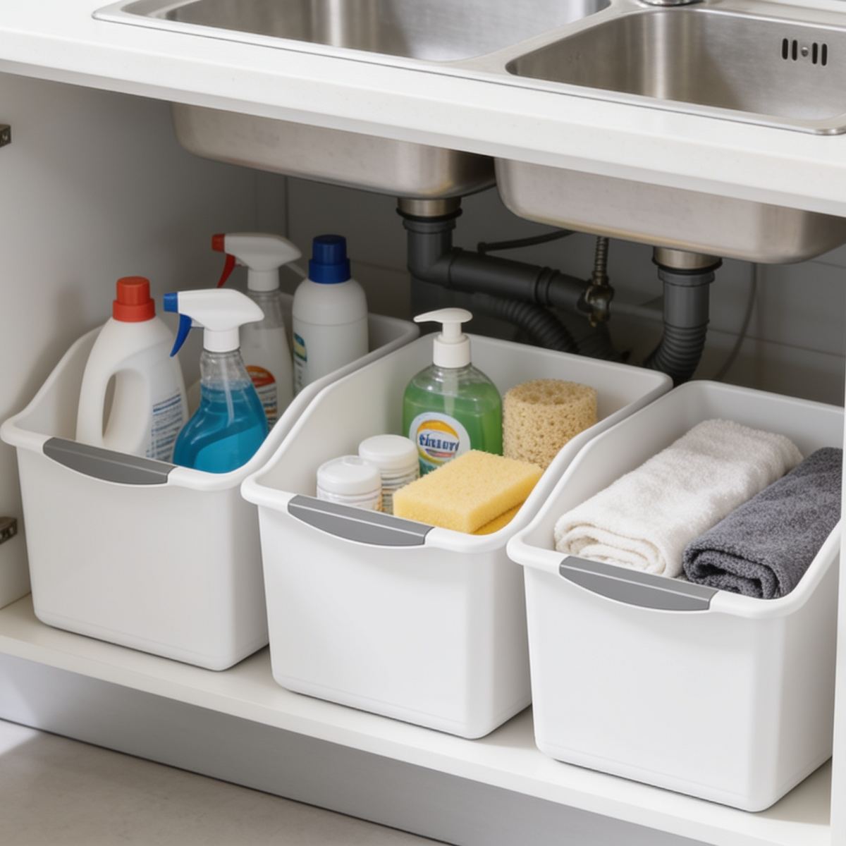 Three white organizer bins of cleaning bottles and folded towels under a kitchen sink