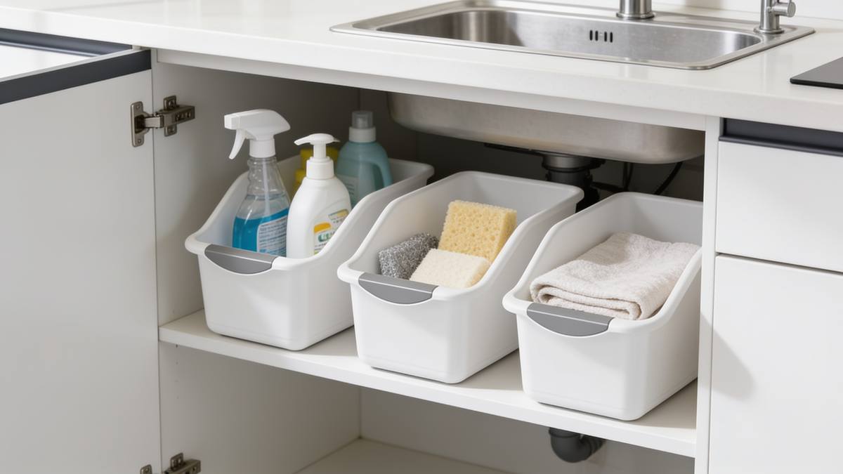 Open front storage bins lined up in the cupboard under a kitchen sink