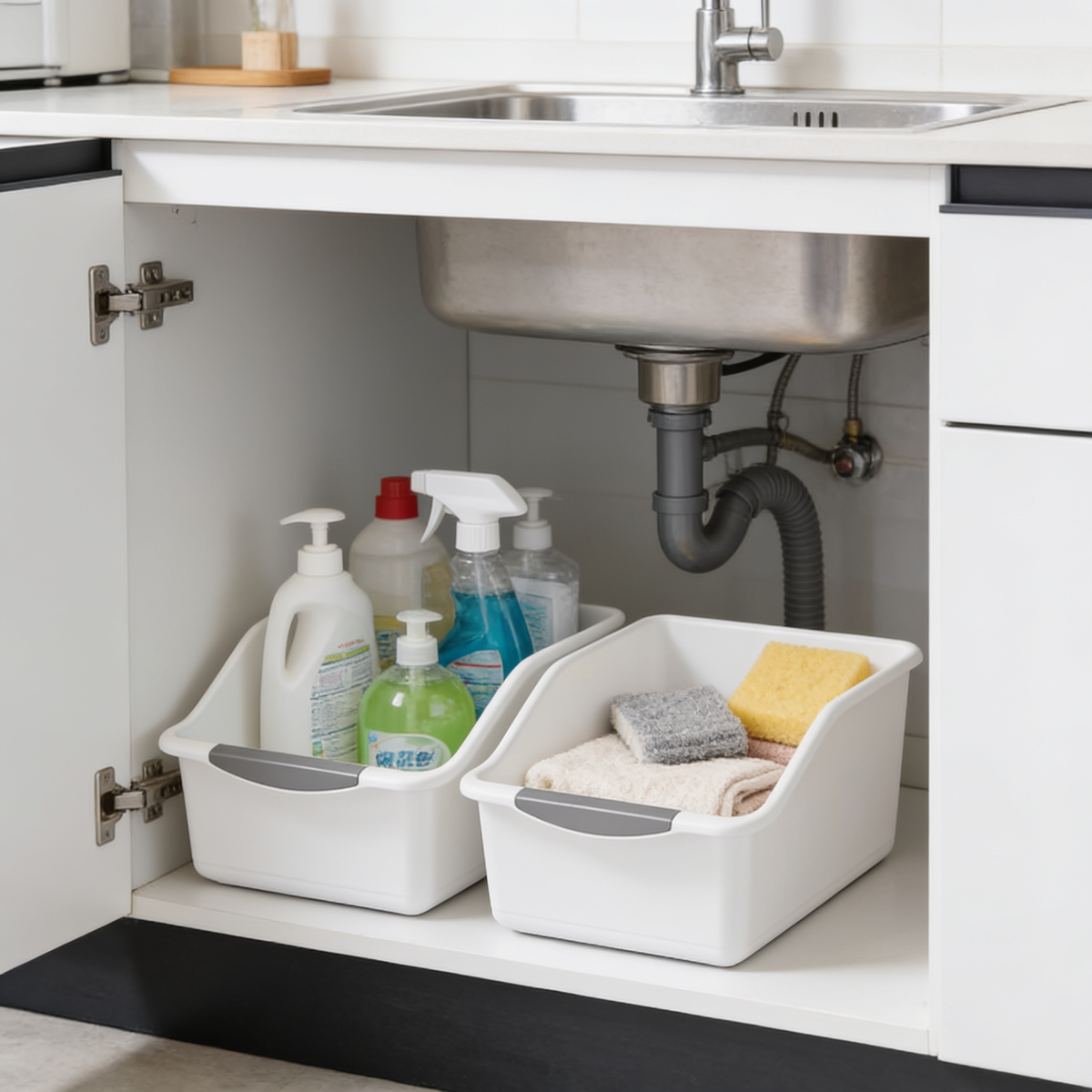 Two white rolling storage bins holding cleaning sprays inside an open under sink cabinet