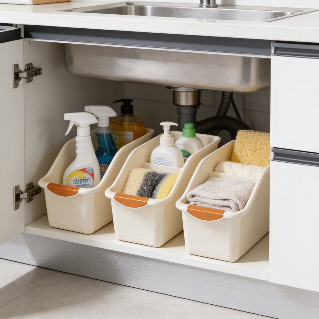 Cream bins with orange grips rolled into an under sink cabinet seen from the side