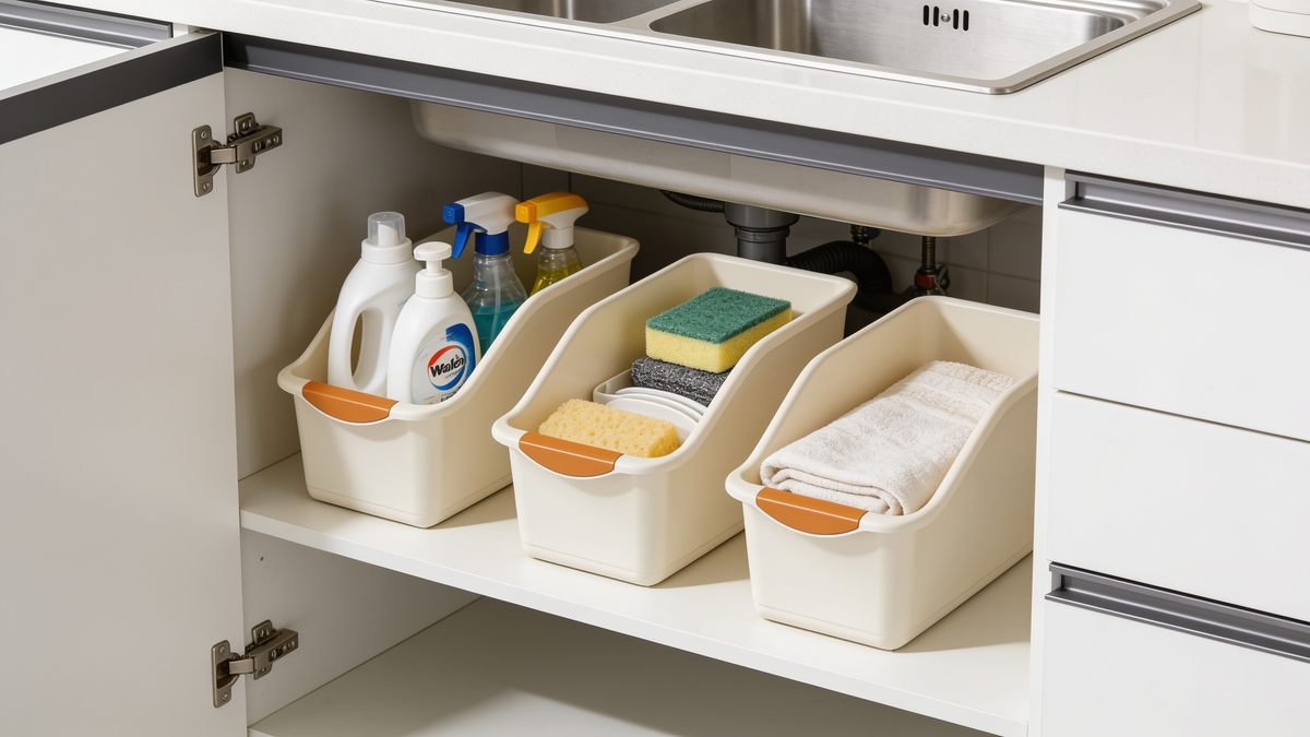 Beige under sink bins with low open fronts holding bottles and cloths