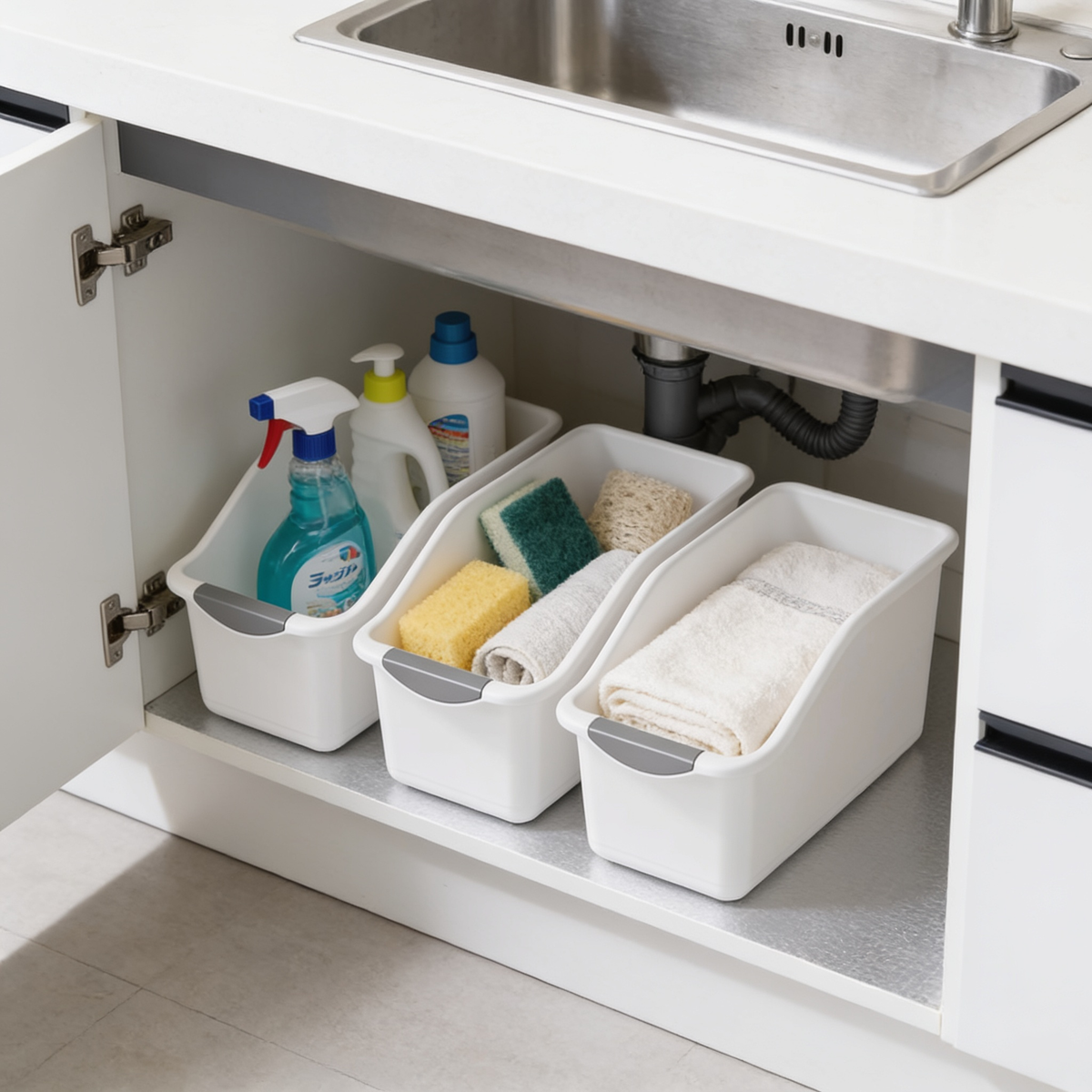 Low angle of white bins holding cleaning bottles and sponges under a kitchen sink