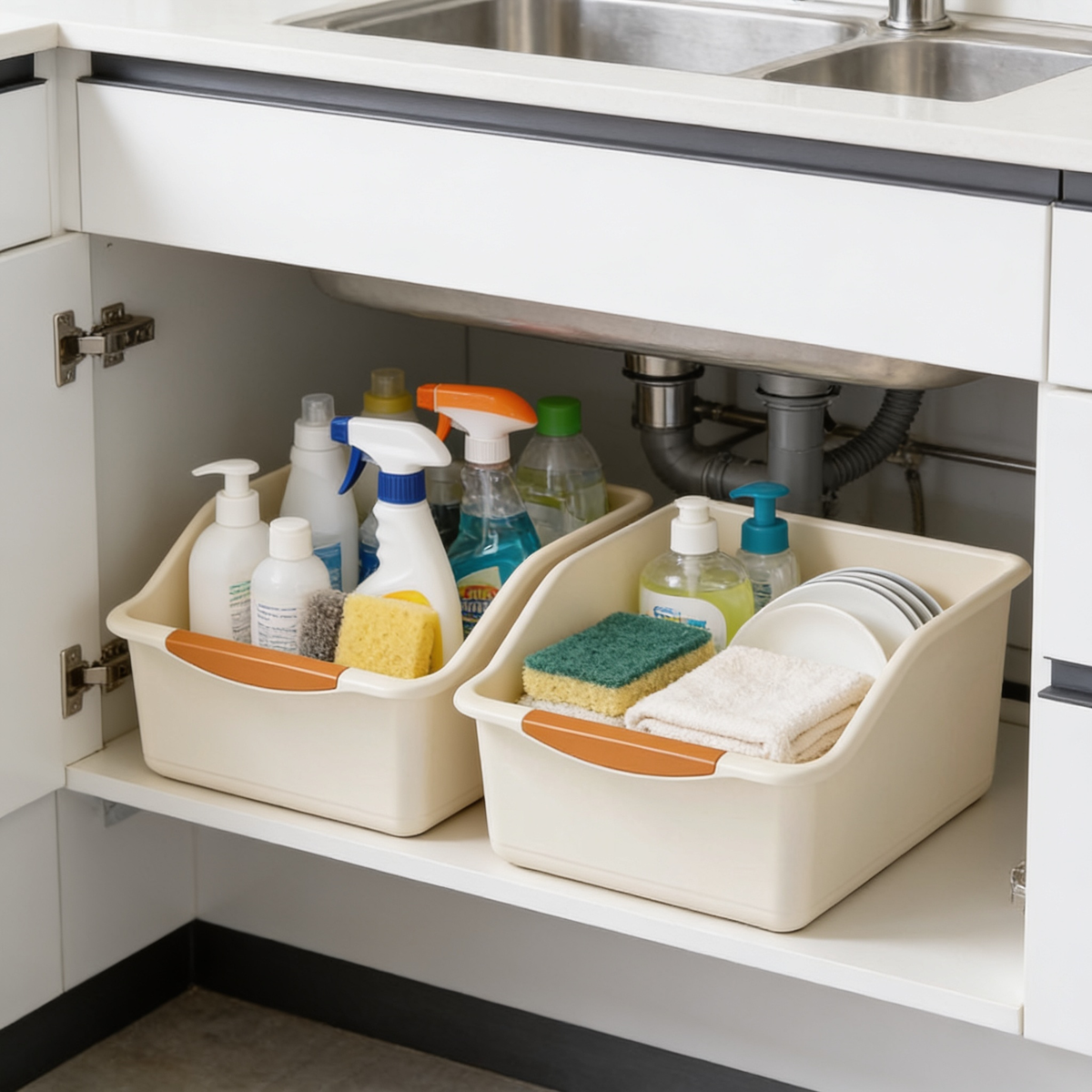 Under sink bins with orange grips holding detergent bottles and a stack of cloths