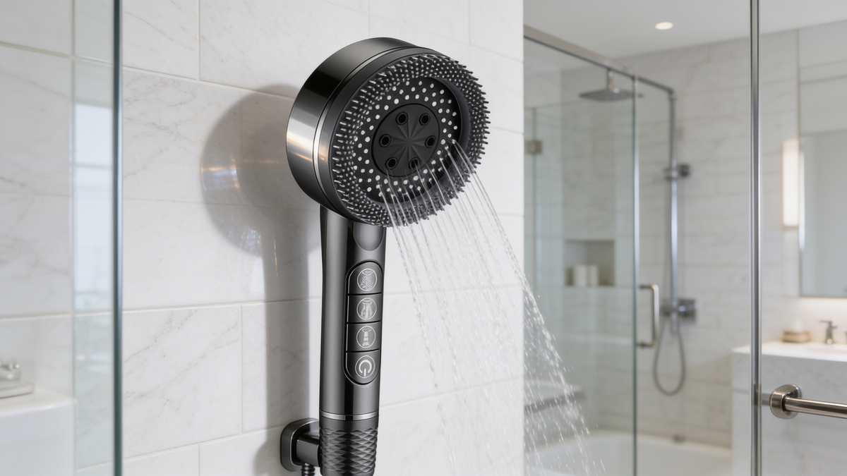 Black massage shower head showing the buttons on the handle